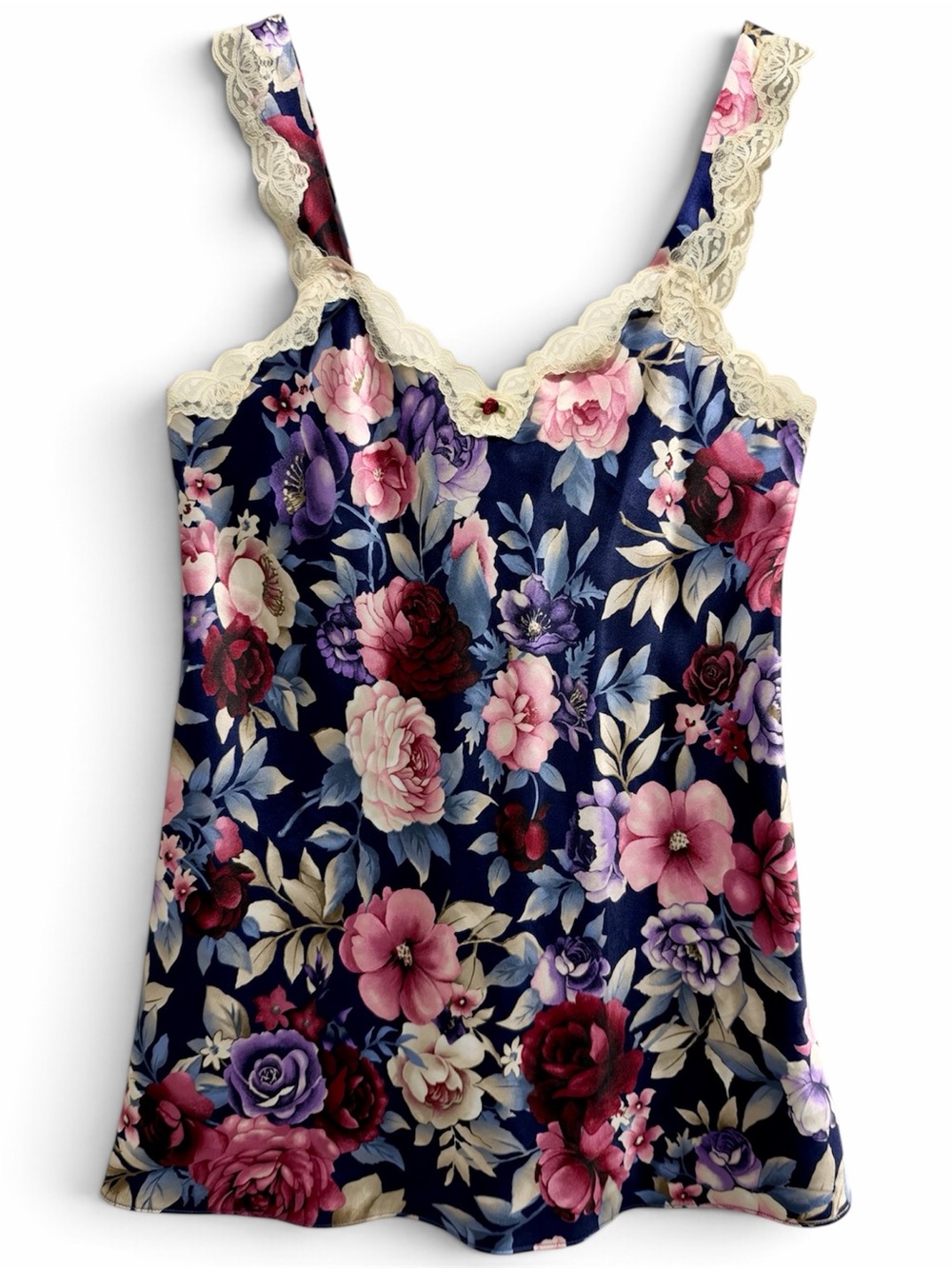 Vintage 90s Navy Floral Satin Lace Rosette Slip Mini Dress M
